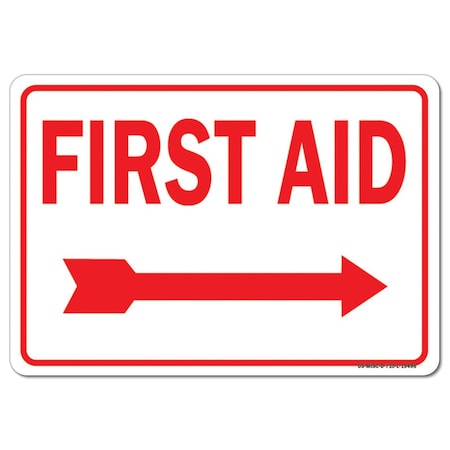 Signmission OSHA, 12" Height, Decal, 18" x 12", Landscape, First Aid with Right Arrow (red on white) OS-MISC-D-1218-L-19496